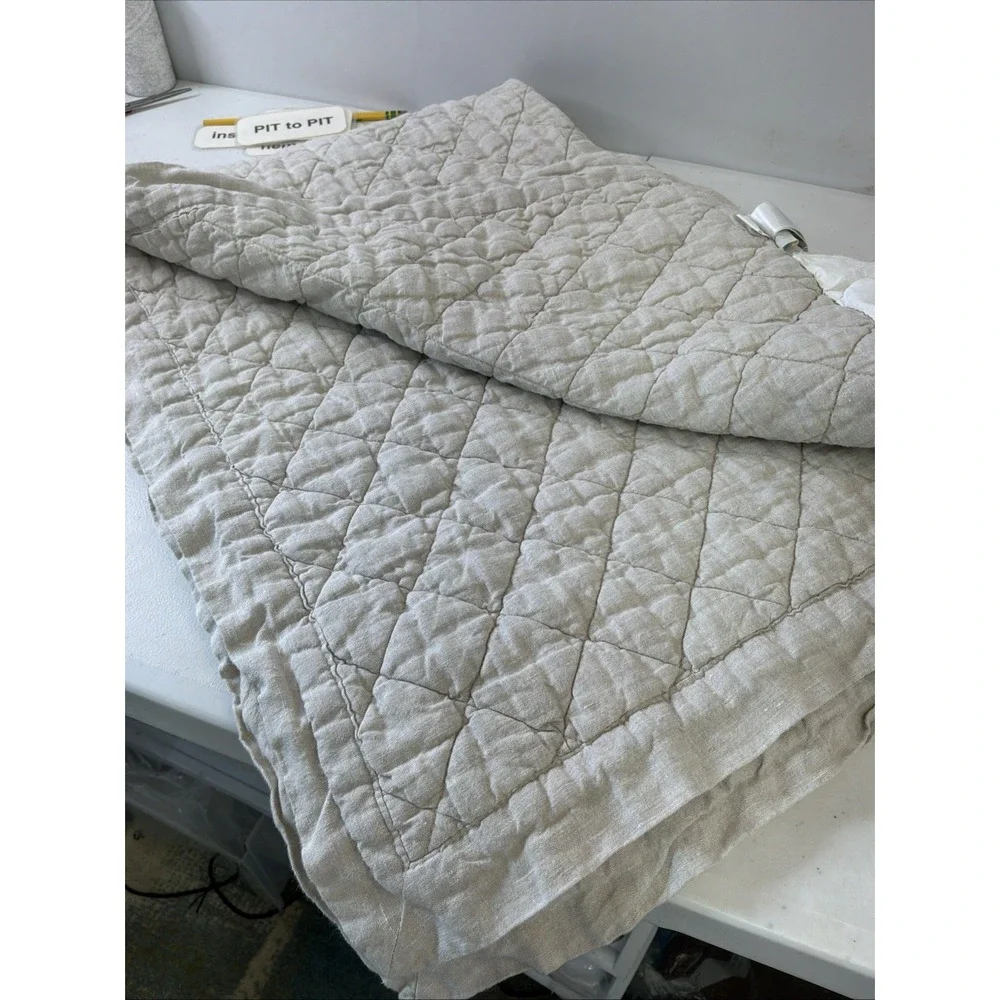 Pottery Barn Kids Quilt 50x36 Toddler Beige Diamond Stitch 100% Linen